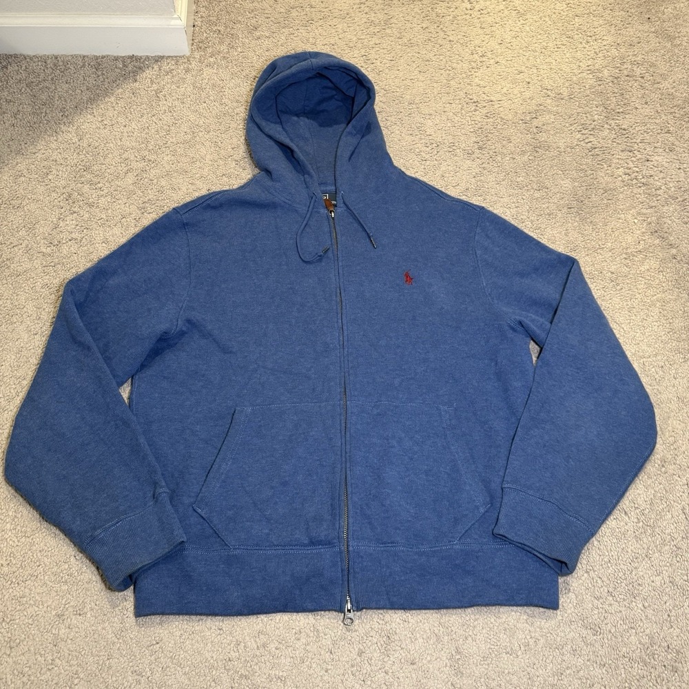 Polo Ralph Lauren VTG‎ Full Zip Hoodie Jacket Men's L Blue Fleece Sweater Pony